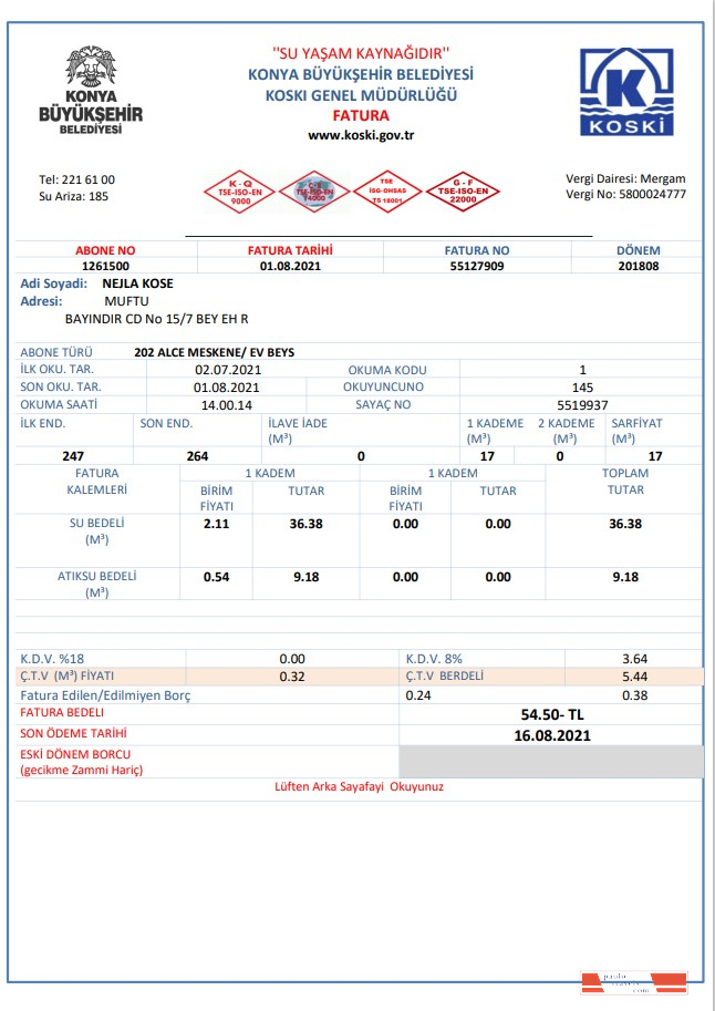 Turkey water utility bill template in Word and PDF format
